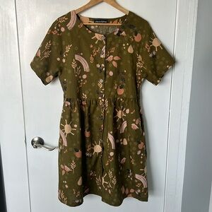 Princess Highway, Button-down midi dress, Size L, olive green, spring pattern